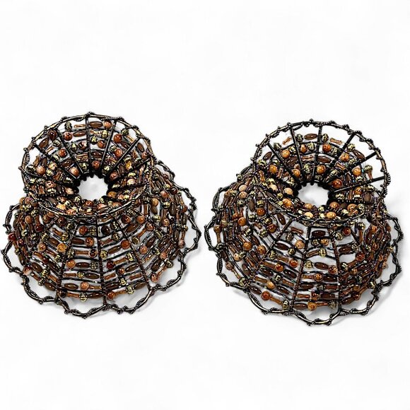 2 Metal Copper Wire Amber Beaded Pedestal Basket Bowl 7” & 4”tall - Picture 5 of 7